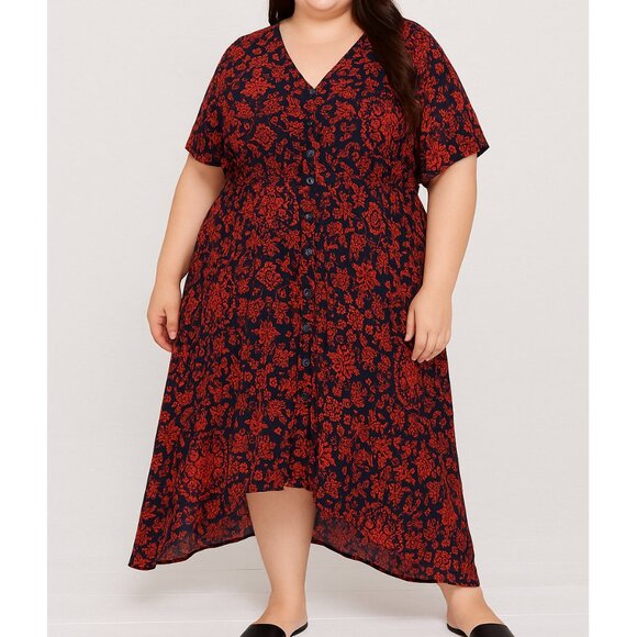 torrid Dresses & Skirts - Torrid Women's Size 4X Red Floral Print Short Sleeve Button Front Hi Low Dress